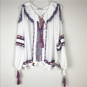 Pia Pauro Smocked Embroidered Open Shoulder Top